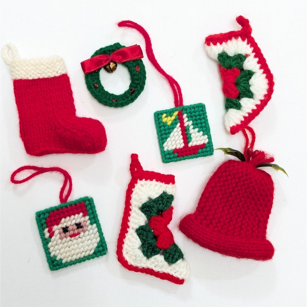 VTG Handmade Christmas Knit Crochet Plastic Canvas Yarn Ornaments Lot Of 7